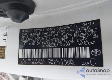 2014 Toyota Prius Three из США, поврежденный, VIN JTDKN3DU3E1822088